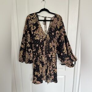 Free People Bohemian Paisley Long Bishop Dress with Balloon Sleeves